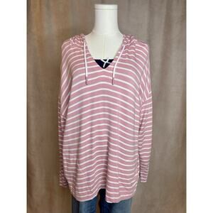 Buffalo David Bitton Pink Stripe Hoodie Top XL V Neck Lightweight Cozy Soft